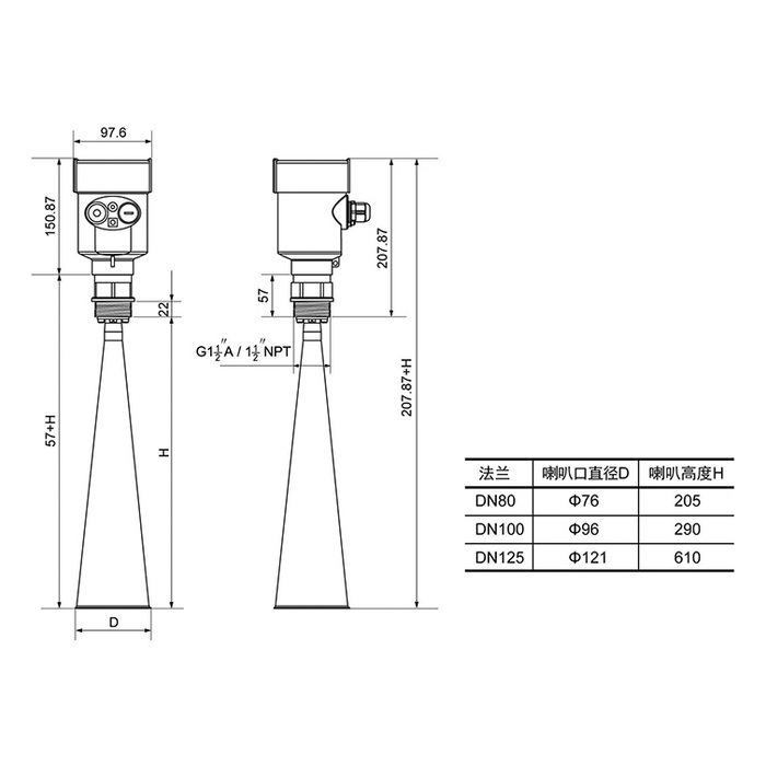 MV-RD909 long range 26 GHz radar water level meter overall dimensions